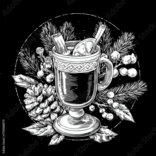 Hand-drawn hot Christmas mulled wine with lemon, cinnamon, pinecones, and berries in a holiday setting on dark background, winter celebration concept