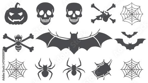 Halloween icons pumpkins skulls bats spiders and cobwebs