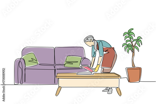 One line drawing of a elderly woman cleaning and arranging books on a table in the living room, honoring National Old Maids Day with a housekeeping concept that values hard work and cleanliness.