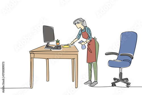 Continuous line drawing of a woman cleaning the office desk with spray and cloth, highlighting National Old Maids Day in a housekeeping concept to honor dedication and professional service.