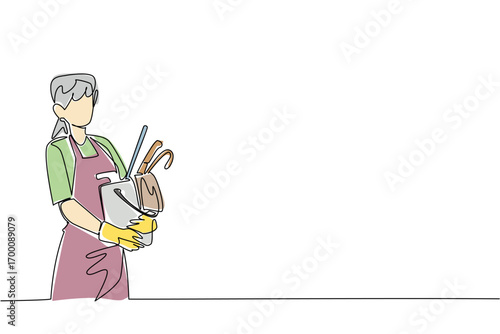 Continuous line drawing of a old woman with gloves carrying bucket and cleaning tools, celebrating National Old Maids Day in a housekeeping concept highlighting hard work and dedication.