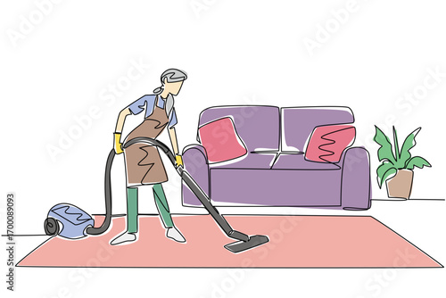 One line drawing of a old woman vacuuming a carpet in the living room, representing National Old Maids Day and the housekeeping concept that honors dedication to maintaining cleanliness.