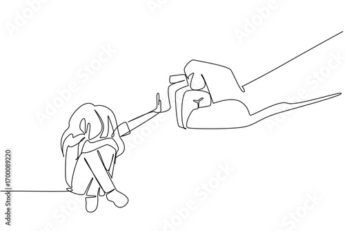 Single line draw of a girl sitting with hand raised to block a fist. Resistance to violence against children, as a psychology concept for International Day of Innocent Children Victims of Aggression.