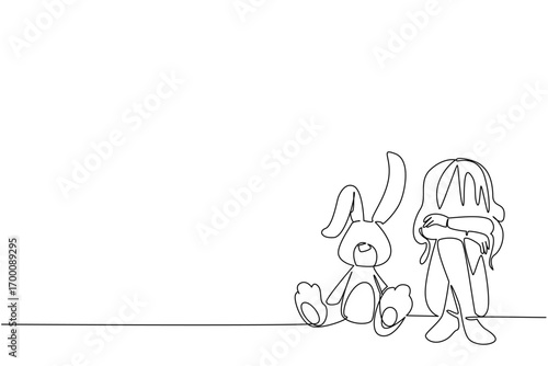 One line draw of sad girl sitting with her stuffed rabbit doll, symbolizing lost innocence and comfort in pain, as a psychology concept for International Day of Innocent Children Victims of Aggression