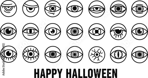 Collection of spooky eyes for halloween, featuring various eye styles in circular frames with happy halloween text