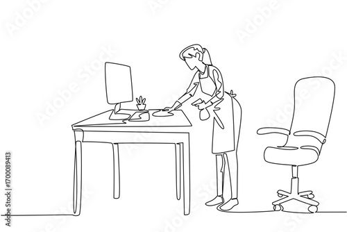 Continuous line drawing of a woman cleaning work office desk with spray and cloth, symbolizing dedication to hygiene, health, and order, created as a business concept for National Old Maids Day theme.