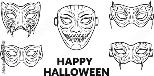Happy halloween with spooky mask, displaying a collection of scary masks in a festive and eerie design