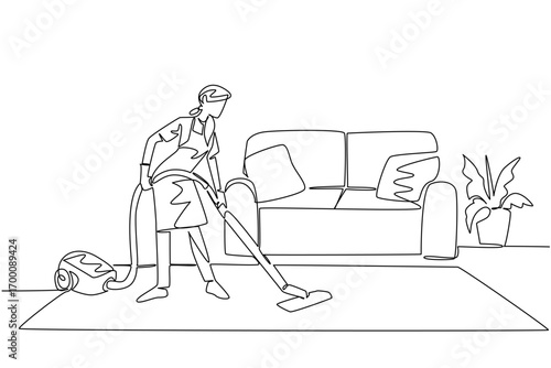 Continuous line drawing of a woman vacuuming carpet in living room, reflecting household effort, order, cleanliness and dedication, created as an industry concept for National Old Maids Day.
