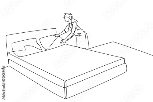 Continuous line drawing of a woman making the bed, adjusting pillows with precision, symbolizing care, cleanliness and dedication, designed as a health concept for National Old Maids Day theme.