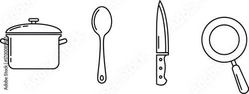 Collection of kitchen utensils, featuring a pot, spoon, knife, and frying pan, representing cooking and culinary tools