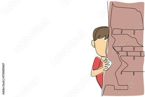 Continuous line draw of a young boy in red shirt peeking behind a damaged wall. Fear and childhood trauma, as a psychology concept for International Day of Innocent Children Victims of Aggression
