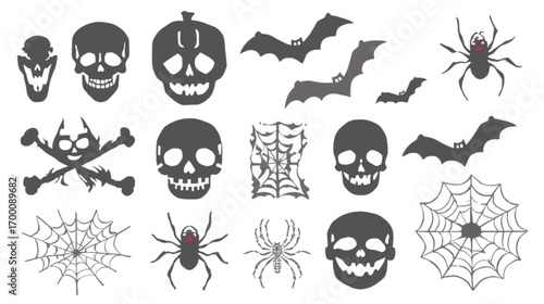 Spooky halloween graphic elements featuring skulls bats and spiderwebs