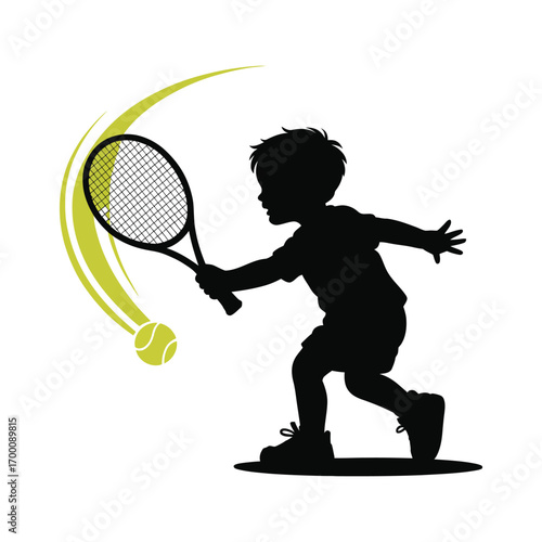 Child tennis player silhouette hitting ball with racket in dynamic pose