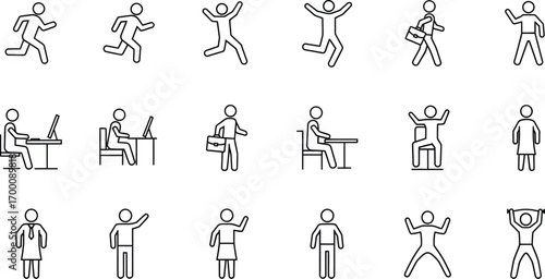 Diverse stick figure poses, depicting various actions and activities, showcasing human movement and interaction in simple line art