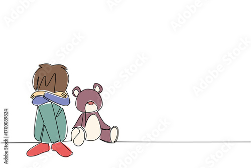 One line draw of a boy sitting beside teddy bear, symbolizing the pain and isolation of children in trauma, as a psychology concept for International Day of Innocent Children Victims of Aggression