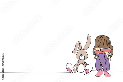 Continuous line drawing of a girl sitting sadly beside her stuffed rabbit. Innocence, loneliness, and trauma, as a psychology concept for International Day of Innocent Children Victims of Aggression
