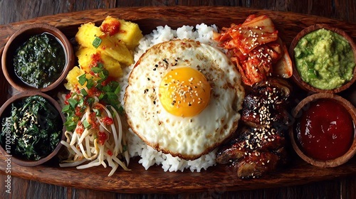 Delicious Fried Egg Over Rice with Assorted Side Dishes Plated Nicely