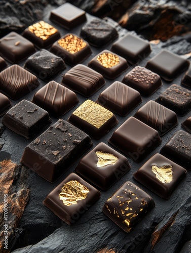 Exquisite assortment of luxurious dark chocolates with gold accents on textured surface