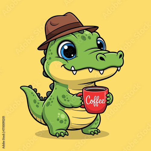 Adorable Crocodile Enjoying Coffee Cartoon Illustration