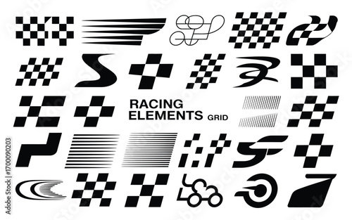 Racing Stripes & Checkered Flags Vector Set – Checkered Flag, Finish Line, Motocross Labels, Dynamic Lines, Motorsport, Racing Stripe Speed, Sport Decals, Vehicle Tuning Stickers, Car Graphics, Vector