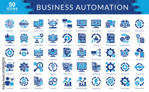 Business Automation icon set color fill style collection. Containing data sync ,partnership, control, automation, idea, rotation, cloud sync, AI assistant, marketing, workflow