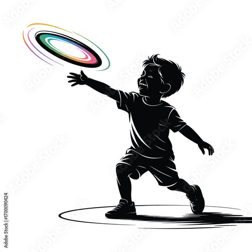 Young Boy's Joyful Pursuit Silhouette of a Frisbee Catch