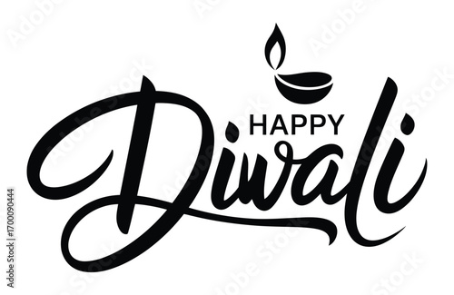 Happy diwali calligraphy with a traditional oil lamp and flame illustration