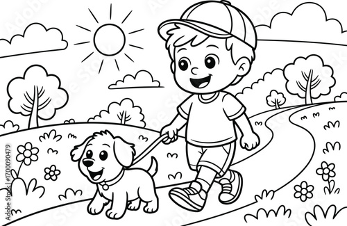 Happy cartoon boy with a dog on a leash walking on a sunny day path