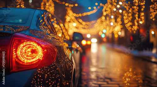 Fototapeta Naklejka Na Ścianę i Meble -  Car decorated with glowing Christmas lights moves along snowy street at night, festive holiday atmosphere and mood of winter festival in open air of city
