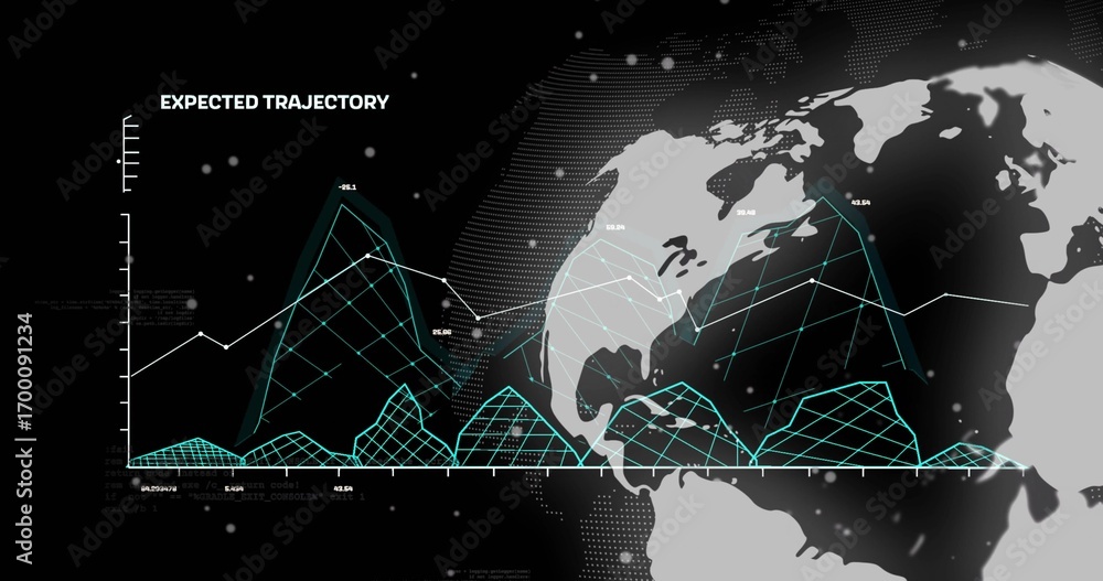 Fototapeta premium Displaying EXPECTED TRAJECTORY chart in dashboard with mesh peaks, dots, Americas map, copy space