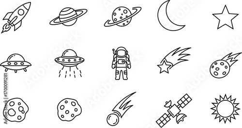 Collection of space themed icons, featuring planets, rockets, astronauts, and celestial bodies for cosmic designs