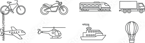 Transportation icons showcasing diverse modes of travel and conveyance for various purposes and applications in vector format