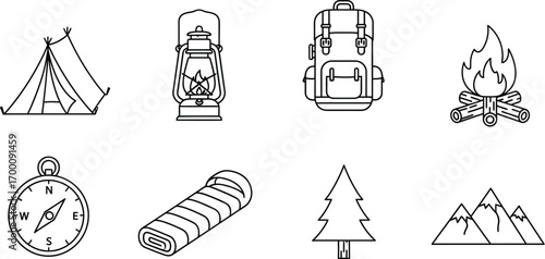 Camping icons illustrating essential outdoor adventure gear and equipment for nature exploration and recreational activities in vector format