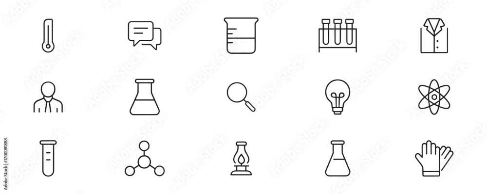 Fototapeta premium Science And Laboratory Equipment Line Icon Set. Chemistry, Research, And Experimentation Outline Symbol Collection. Includes Beaker, Test Tubes, Lab Coat Icons. Isolated Vector Illustration