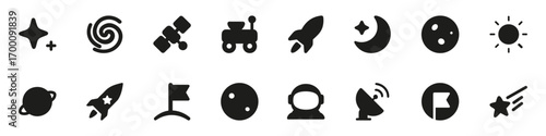 Space Exploration Icons In Silhouette Set. Astronomy, Space Travel, And Cosmic Discovery Symbol Collection. Educational And Scientific Use. Isolated Vector Illustration