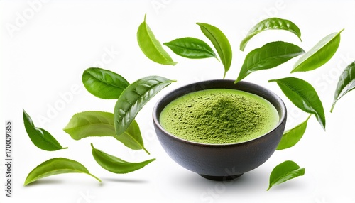 flying falling green tea leaves with matcha bowl isolated on transparent or white background