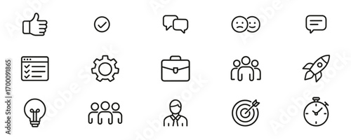 Business And Productivity Icon Set. Communication, Teamwork, And Goal Achievement Outline Symbol Collection. Isolated Vector Illustration