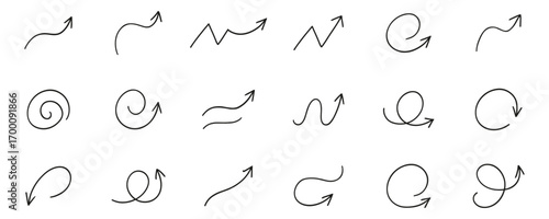 Arrow And Spiral Line Icon Set. Directional Movement, Progress, And Navigation Outline Symbol Collection. Hand-Drawn Style Arrows And Spirals. Isolated Vector Illustration