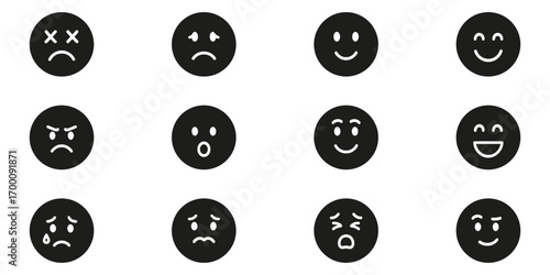 Emoticon Faces In Silhouette Set. Emotional Expression And Communication Symbol Collection. Social Media And Messaging Use. Isolated Vector Illustration