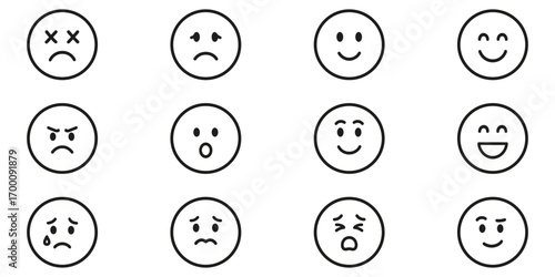 Emoji Face Expressions Line Icon Set. Emotional Reactions And Mood Outline Symbol Collection. Sadness, Happiness, Anger, Surprise. Isolated Vector Illustration