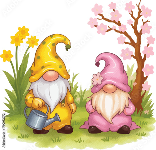 Adorable gnomes enjoying a sunny spring garden scene