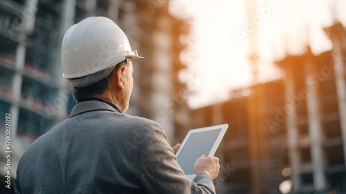 man engineer or architect from the back in white helmet with tablet in his hand against the background of construction site, control
