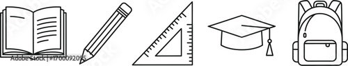 Illustration of school supplies, including an open book, pencil, ruler, graduation cap, and backpack