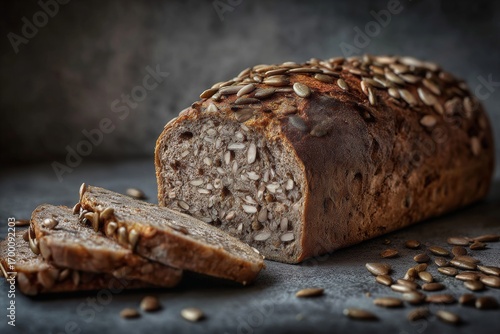 Freshly baked artisan bread, complete with seeds, is arranged on a table with a rustic appearance