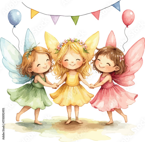 Three cute fairies celebrating a birthday party together