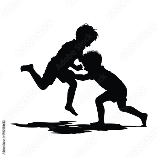 Boys Wrestling Silhouette Captures Childhood Fun and Active Play