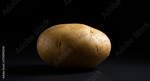 Single russet potato on a dark background, with natural skin texture