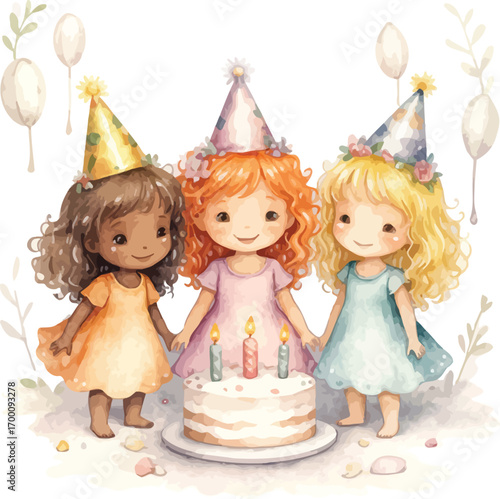 Three adorable girls celebrate birthday party with cake and hats