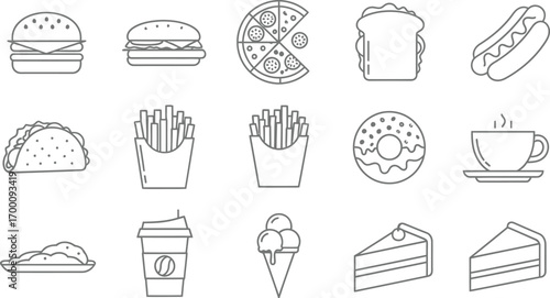 Line art illustration of fast food items, including burger, pizza, sandwich, hot dog, taco, fries, donut, coffee, ice cream, and cake
