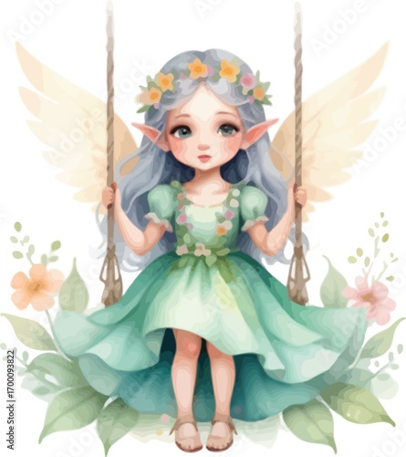 Whimsical child on swing with flowers and fairy tale charm